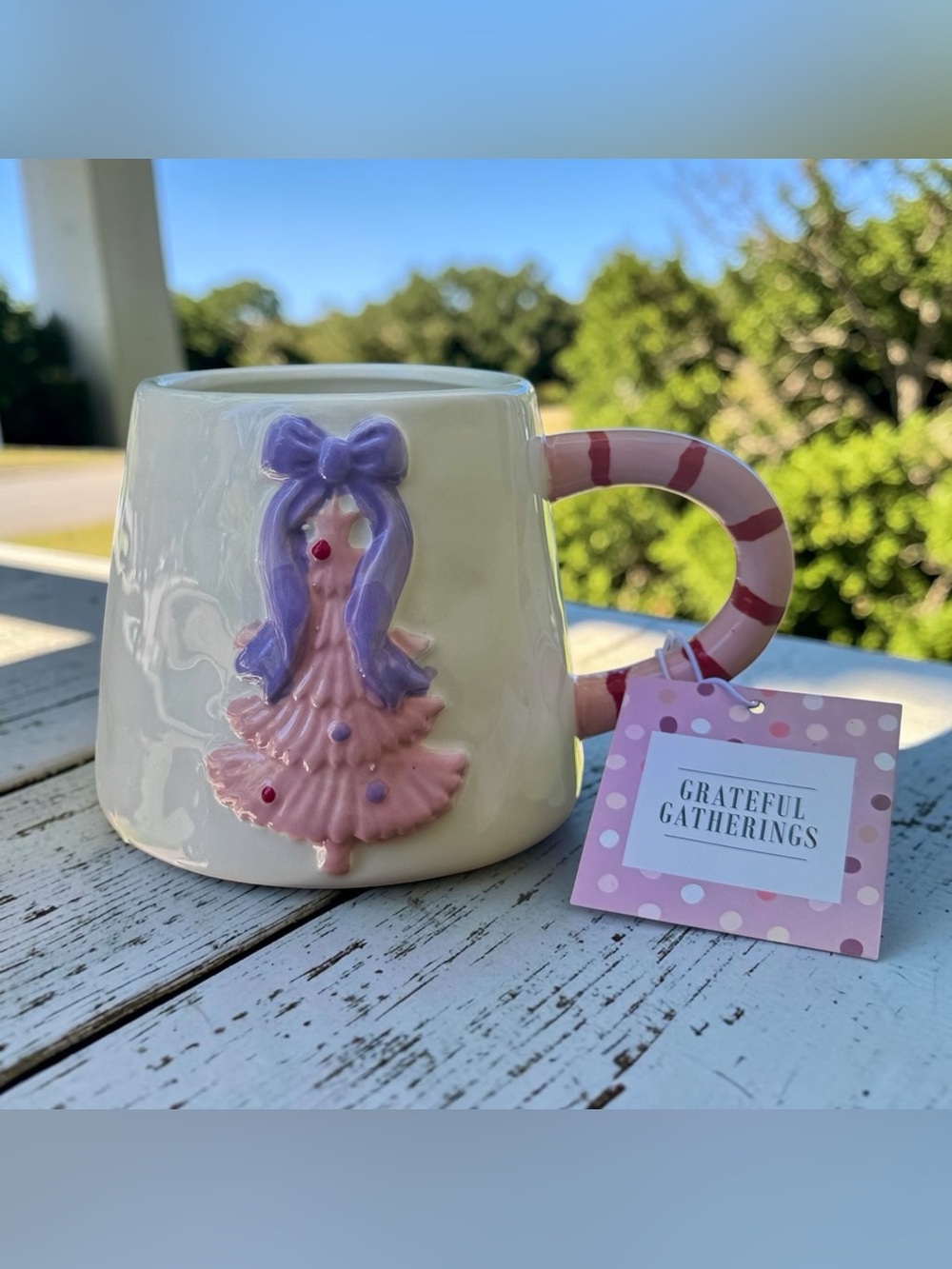 Grateful Gatherings Pink Christmas Tree Candy Cane Handle Mug NWT